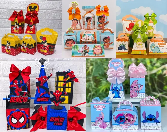 Kits de festa montados com cachepots, caixinhas e lembrancinhas